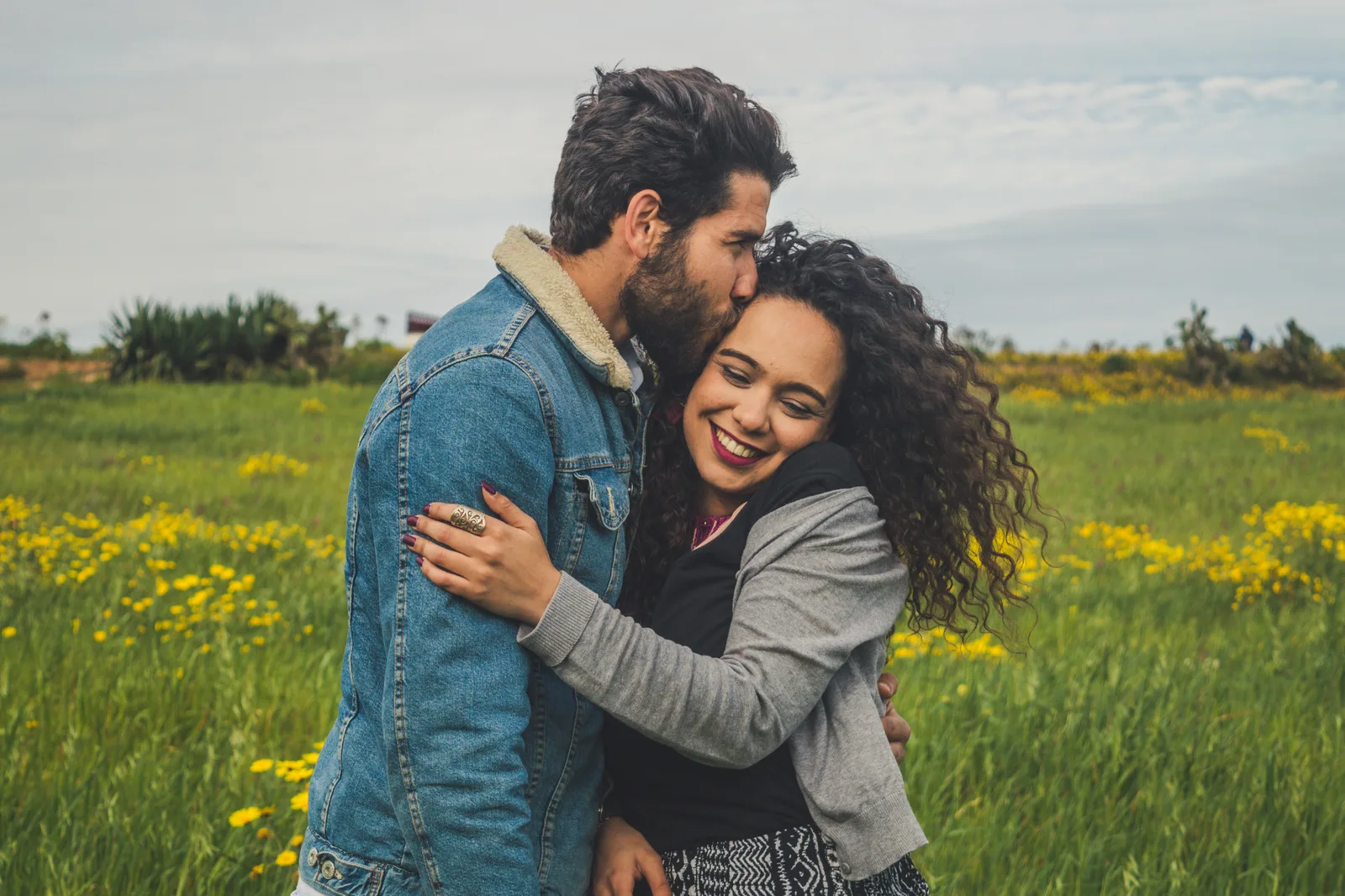 A couple embracing outdoors